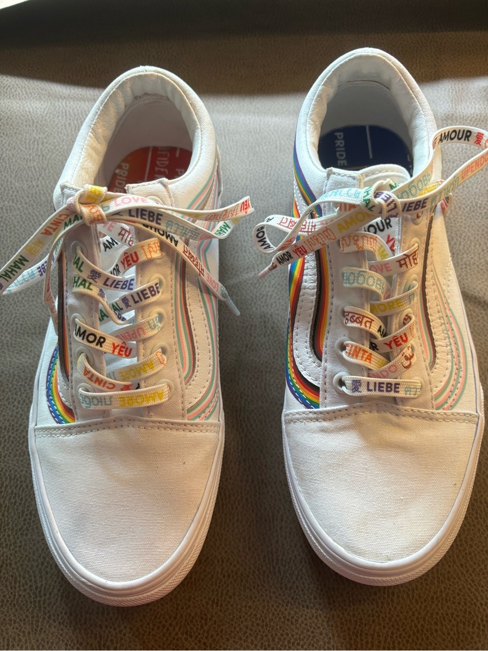 Vans White Sneakers with Rainbow Stripe and Multilingual 'Love' Laces
